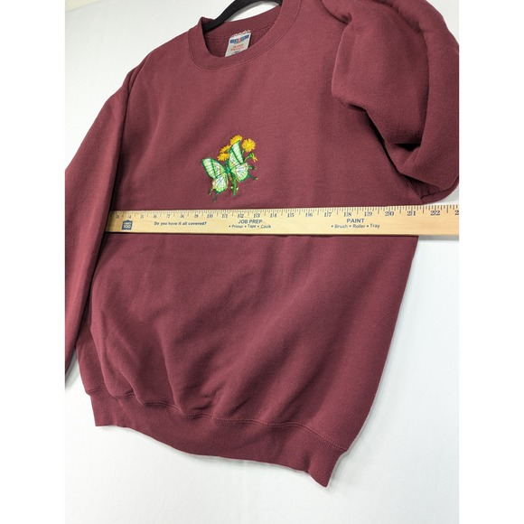 Jerzees Super Sweats Burgundy Embroidered Butterfly Crewneck Sweatshirt Mens M - Picture 6 of 7